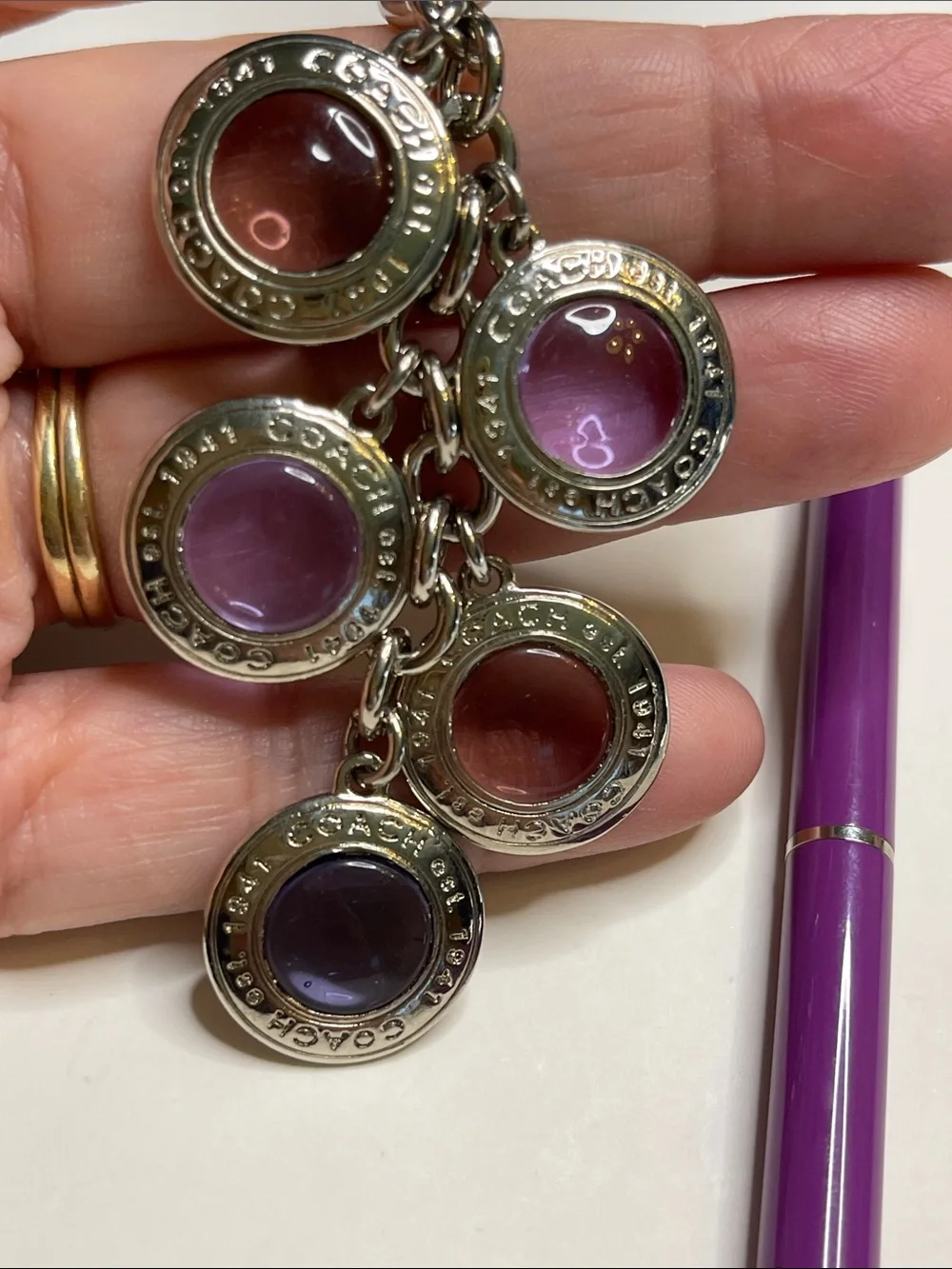 Coach Purple and Pink Round Glass Charm Keychain - Picture 2 of 5